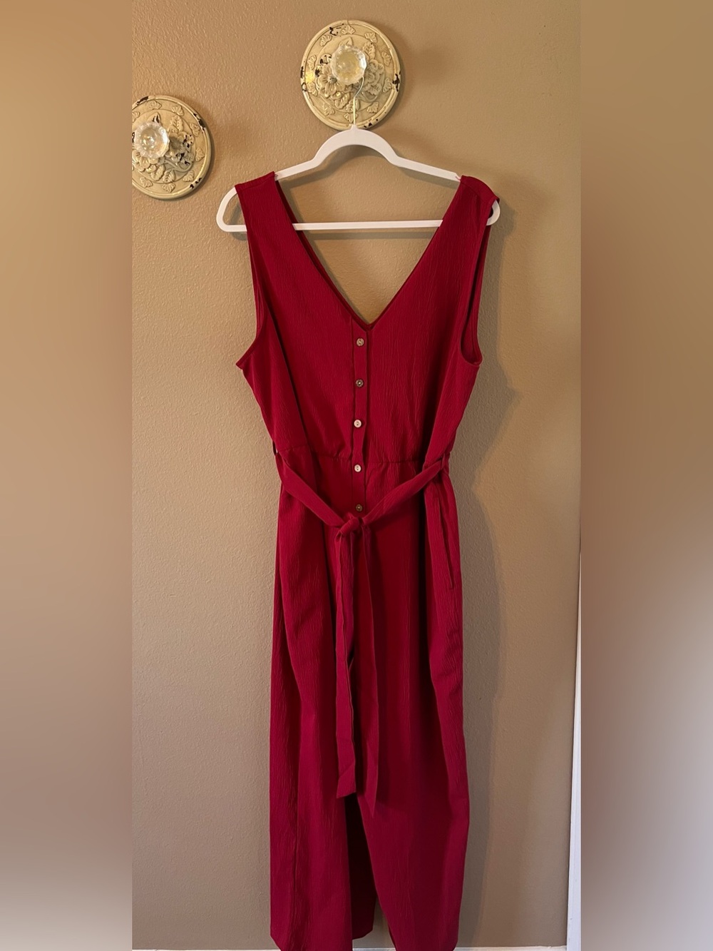 Women's Red V-Neck Button Front Dress with Waist Tie